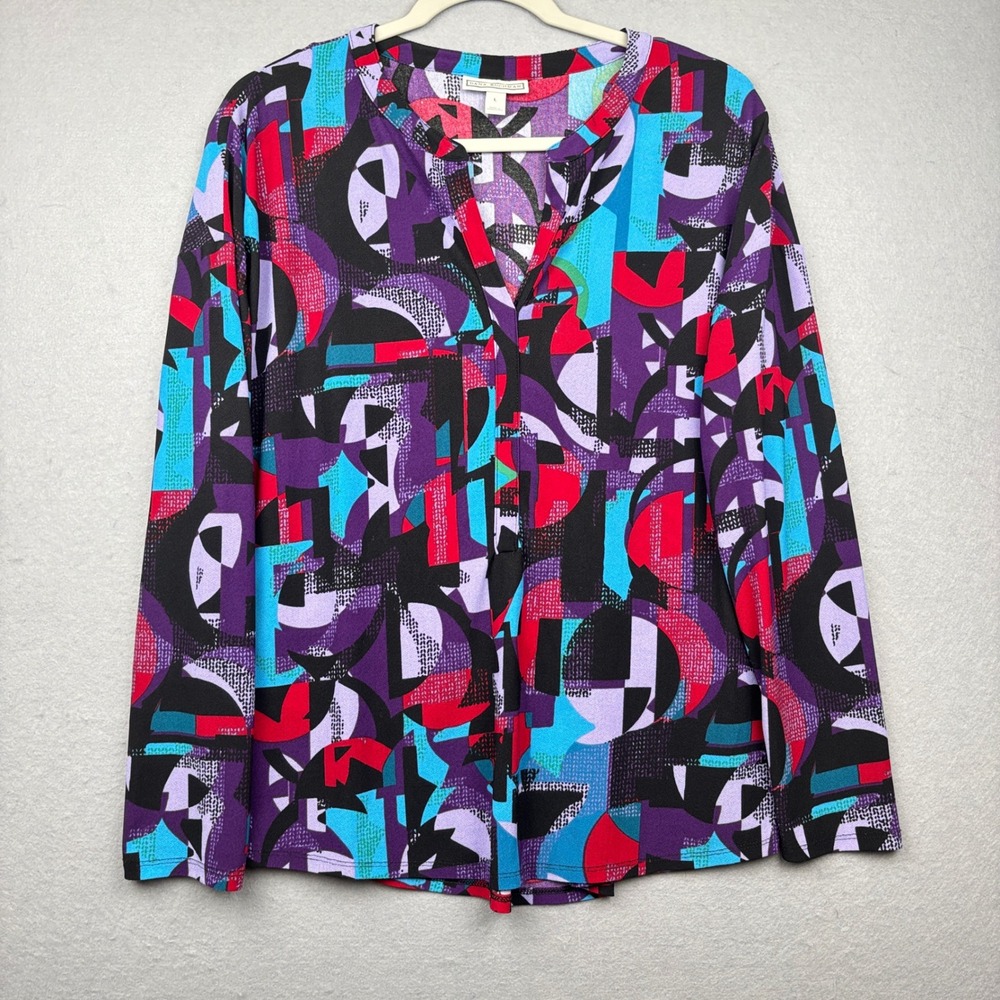 Dana Buchman Blouse Womens L Abstract Print Split Neck Long Sleeve